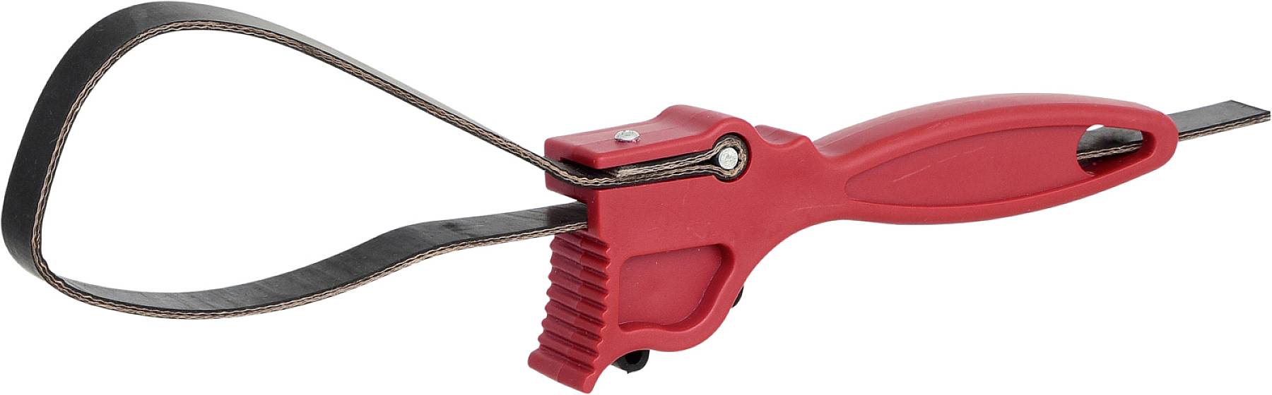 Ein rotes Werkzeug mit langem, biegsamem Band und ergonomischem Griff, verwendet zum Öffnen und Schließen von runden Behältern.