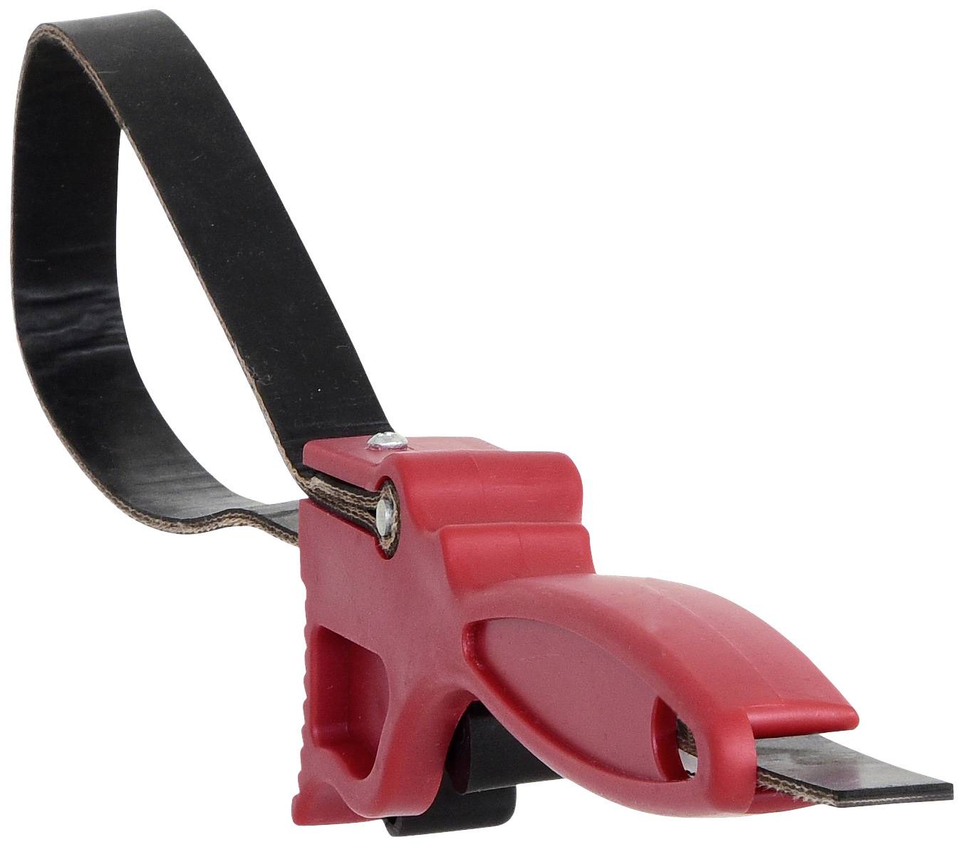 Ein roter Rohrschneider mit schwarzem Band und Hebelgriff, der zum präzisen Zuschneiden von Rohren verwendet wird.