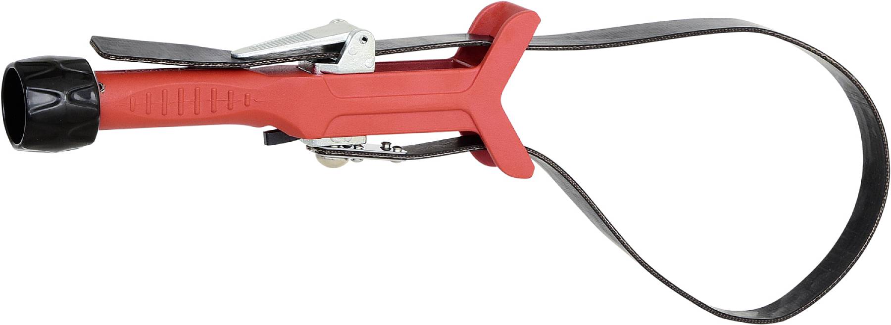 Ein Ölfilterschlüssel mit rotem Griff und verstellbarem Metallband zur Montage oder Demontage von Ölfiltern.