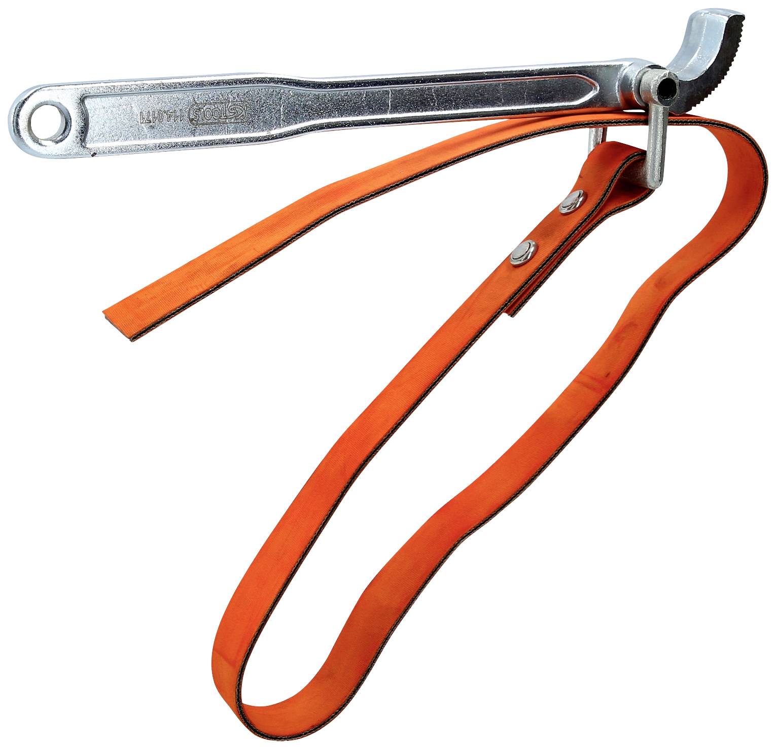 Ein orangefarbener Bandschlüssel mit einem langen Metallgriff. Geeignet zum Greifen und Lösen von Rohren und zylindrischen Objekten.