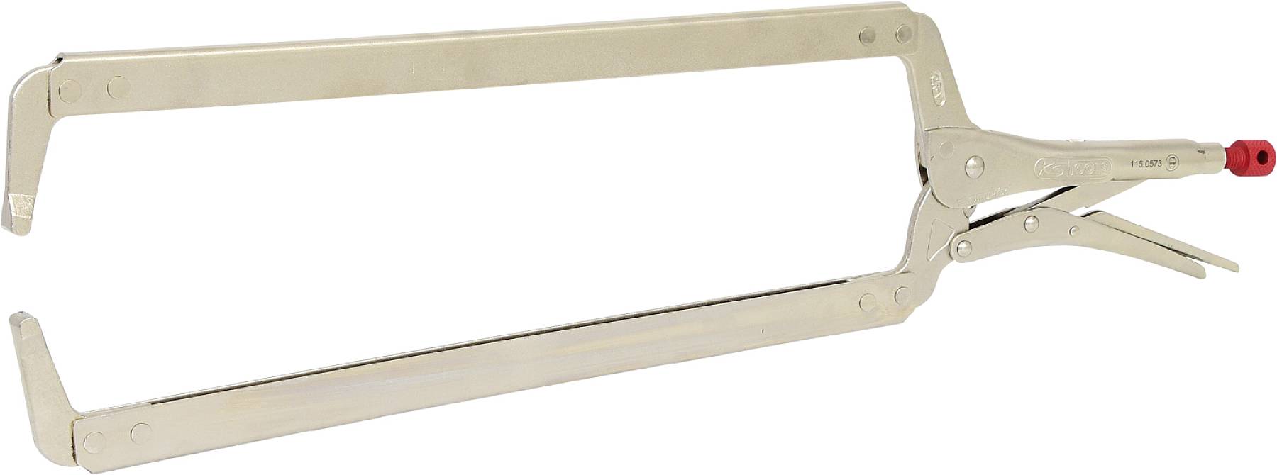 Ein großer, verstellbarer Schraubzwinge mit Metallrahmen und rotem Griff, geeignet zum Klemmen von Materialien in der Holz- oder Metallverarbeitung.