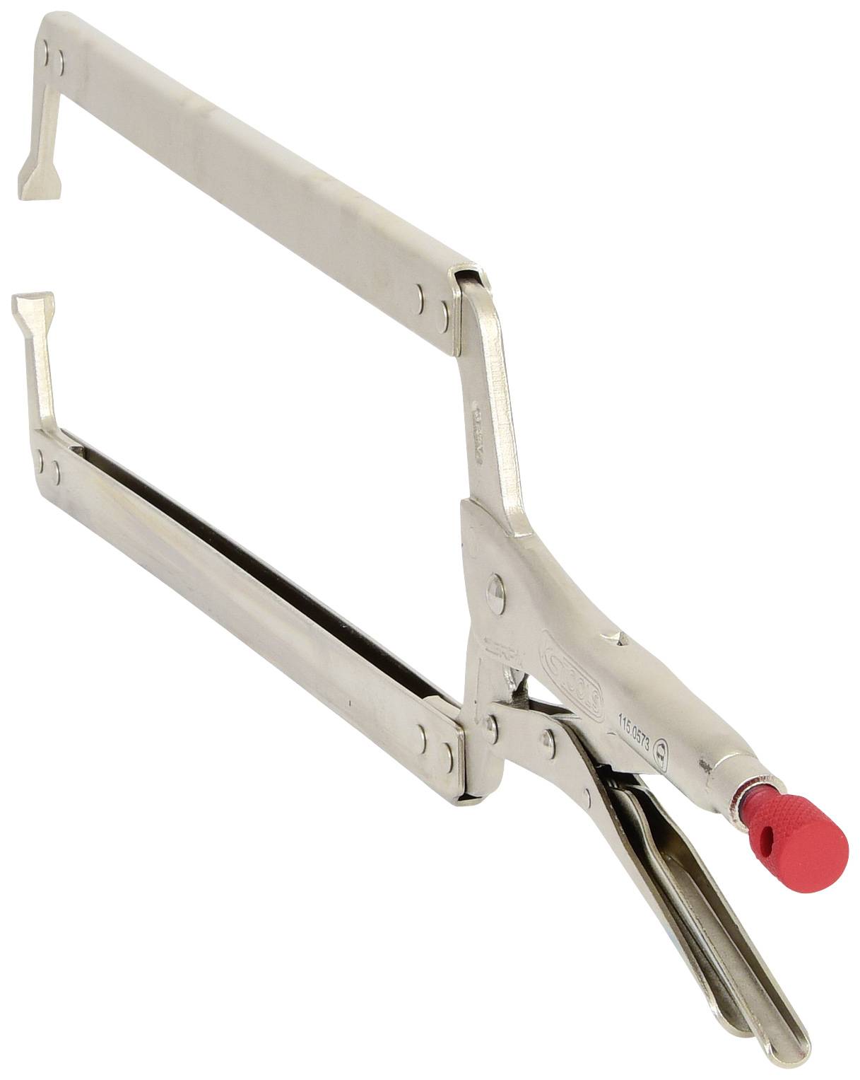 Eine silberne Scharnierklammer mit roten Enden und einem flachen Rahmen.