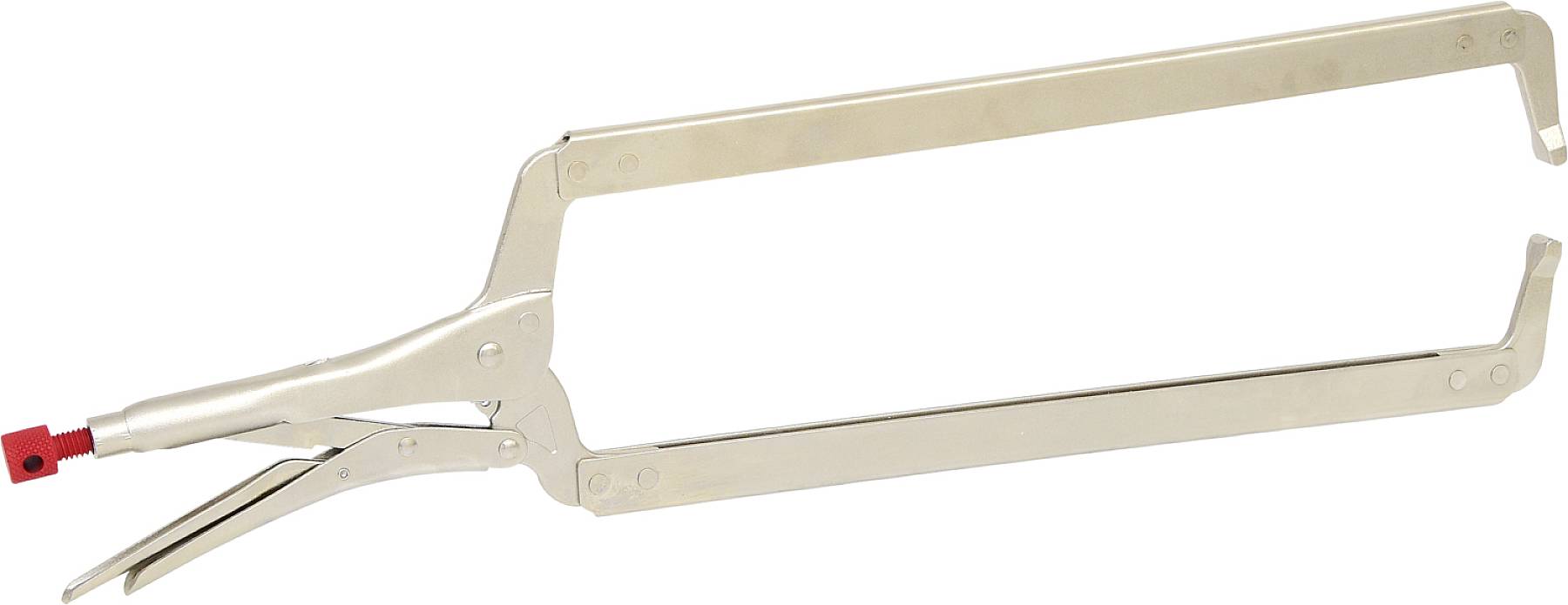 Langes, silbernes Werkzeug, möglicherweise eine Klammerzange, mit einem roten Ende, bestimmt für das Sichern von Materialien.