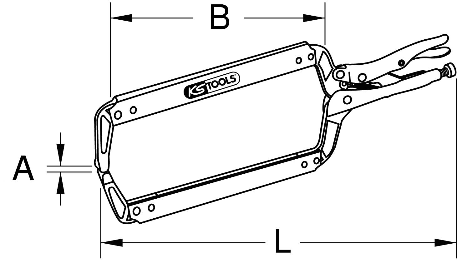 Diagramm einer Zange mit den Maßen: 'A' zeigt die Höhe der Zangenbacken, 'B' die Breite des Greifbereichs, 'L' die gesamte Länge.