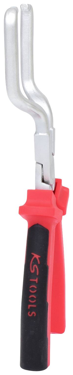 Rote und schwarze Biegezange mit zwei gebogenen Backen, geeignet für das Biegen von Rohren oder Kabeln.