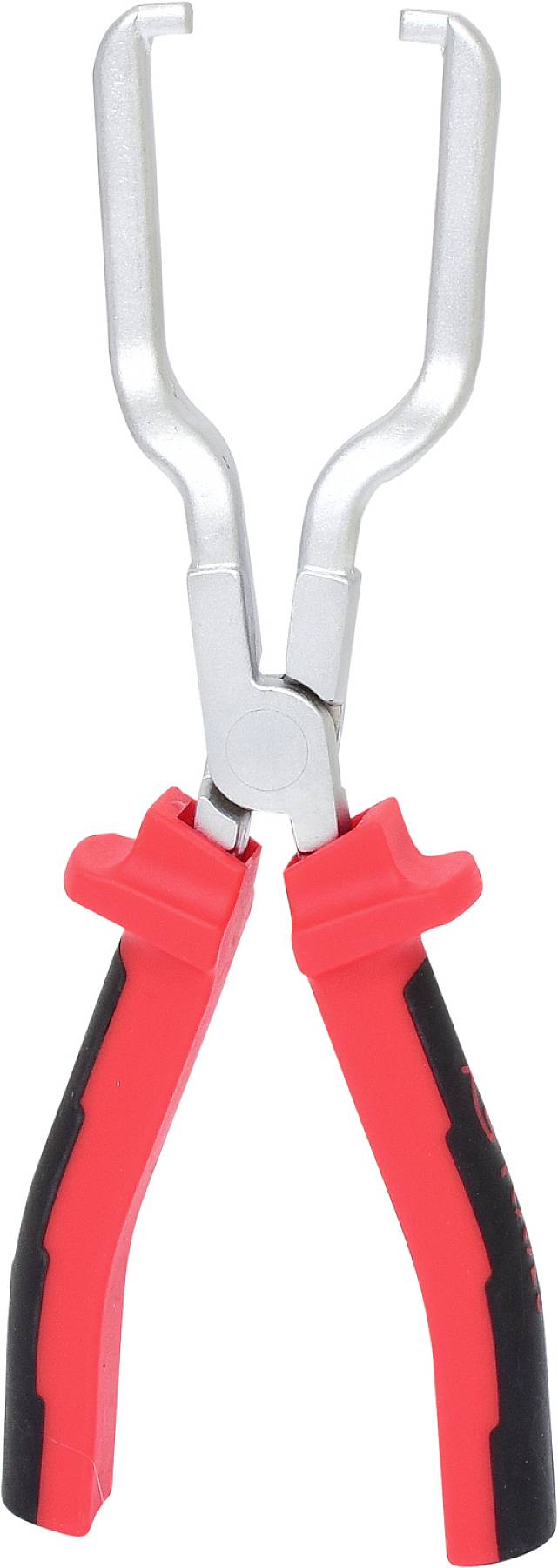 Rote und schwarze Zange, geöffnet, mit silbernen Griffen. Mechanisches Werkzeug, hauptsächlich für Werkstatt- oder Handwerksarbeiten verwendet.