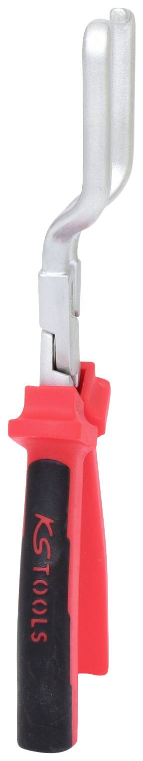 Ein rotes Werkzeug mit einem schwarzen Griff und einem gebogenen, silbernen Ende. Es scheint für spezielle Konstruktionsaufgaben geeignet.