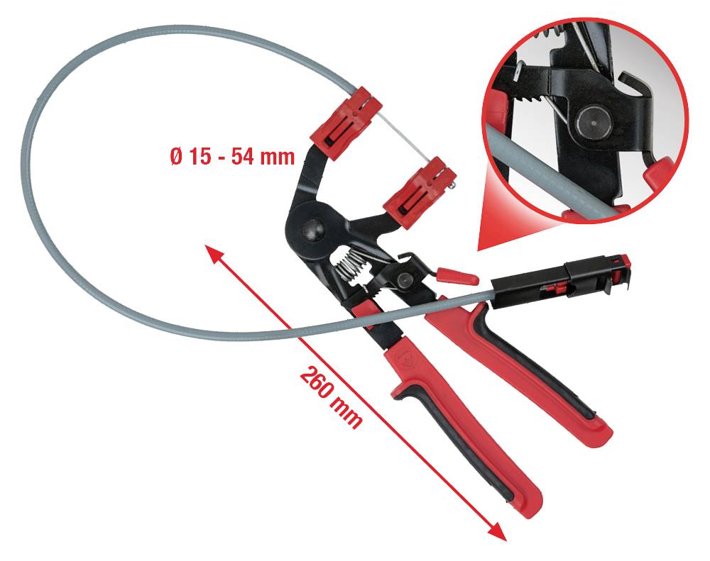Stahldrahtzange mit rotem Griff, Länge 260 mm. Geeignet für Schlauchdurchmesser 15-54 mm. Detailansicht des Schließmechanismus.