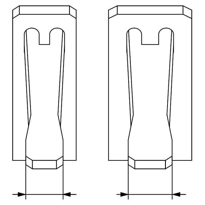 Zwei nebeneinander liegende technische Zeichnungen eines Metallwerkstücks mit unterschiedlichen Detailelementen.