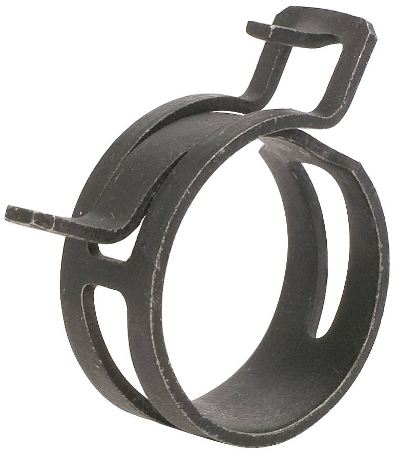 Ein schwarzer Schlauchclip aus Metall mit zwei Haken an gegenüberliegenden Seiten, verwendet zur Sicherung von Schläuchen.