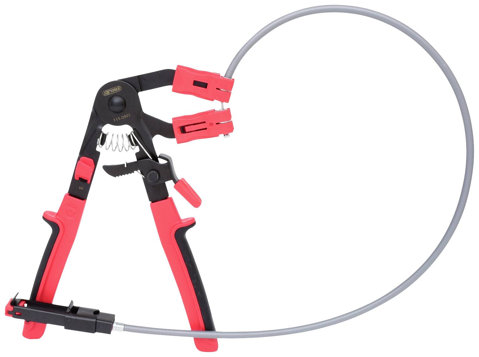 Eine Klemmzange mit einem langen, flexiblen Kabel. Verwendet zum Lösen von Schlauchschellen an schwer zugänglichen Stellen.