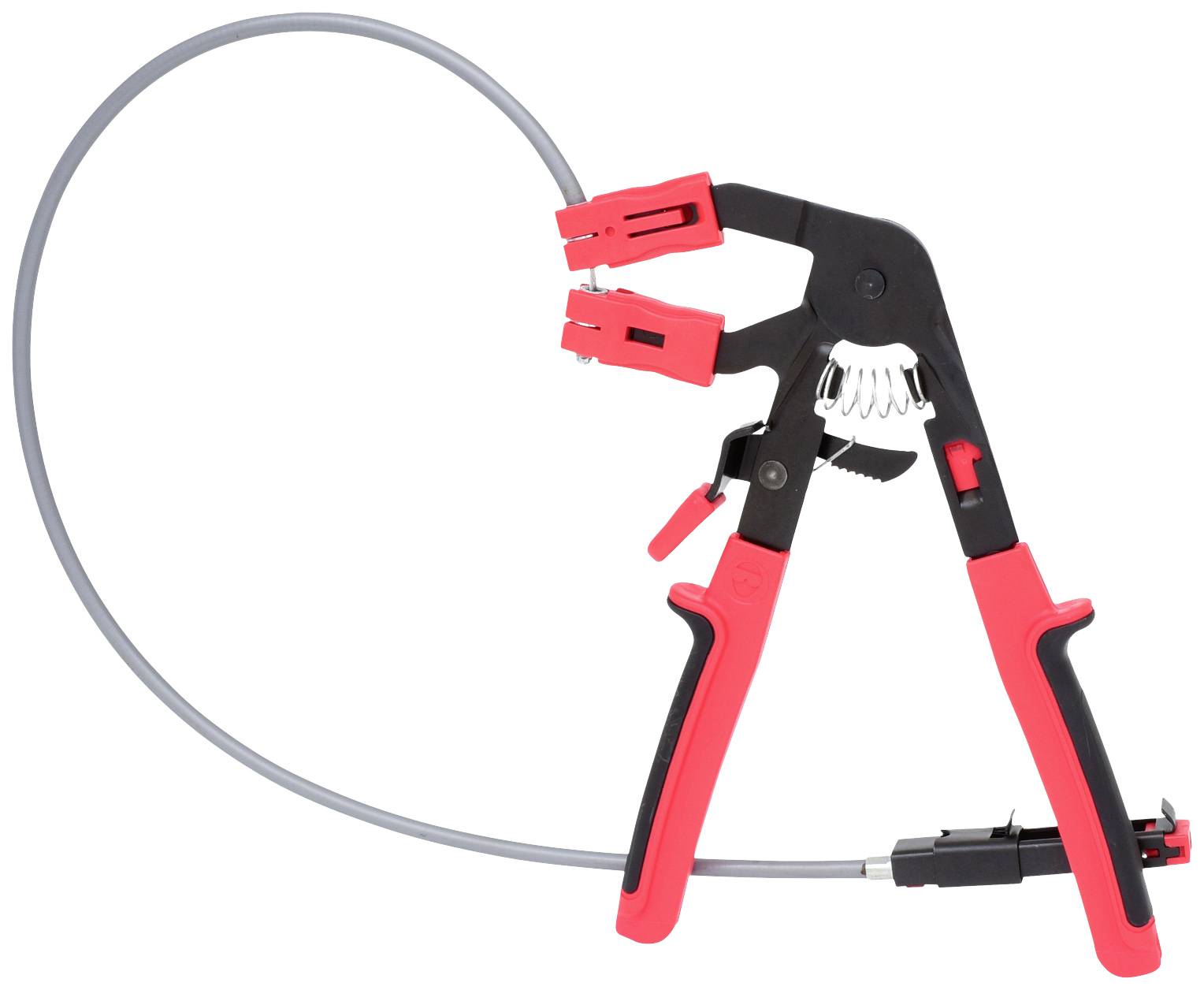 Zange mit rotem Griff und flexiblem Kabel. Verwendet zum Greifen und Halten von Metallobjekten, oft in Automobil- oder Handwerksarbeiten.
