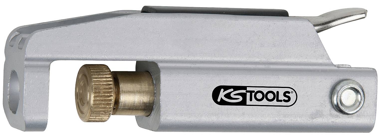 Ein silbernes Werkzeug mit einem Messingrädchen und Hebel, auf dem 'KS TOOLS' steht. Vermutlich ein Rohrschneider.