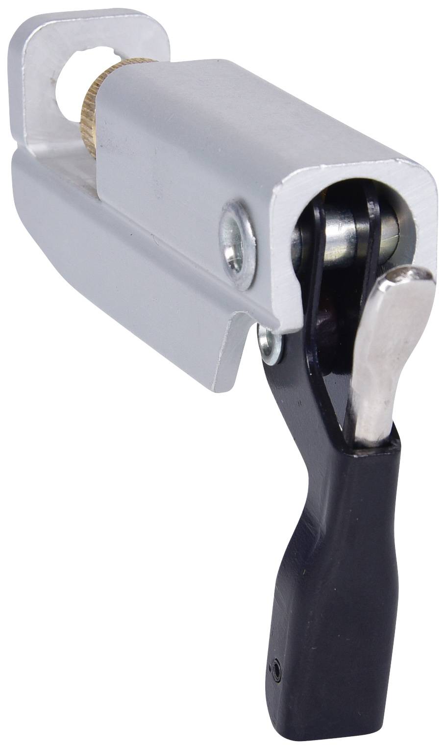 Eine silberne Metallklemmvorrichtung mit einem schwarzen Hebel. Der Hebel kann manuell betätigt werden, um die Spannung zu regulieren.