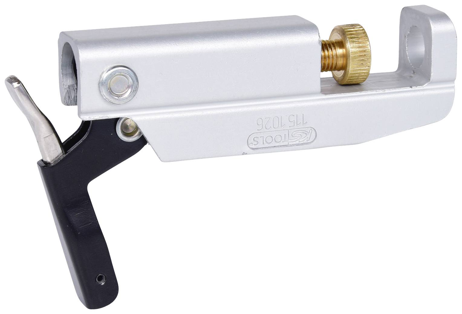 Ein silbernes Rohrschneidwerkzeug mit einem schwarzen Griff und einem goldenen Einstellknopf.