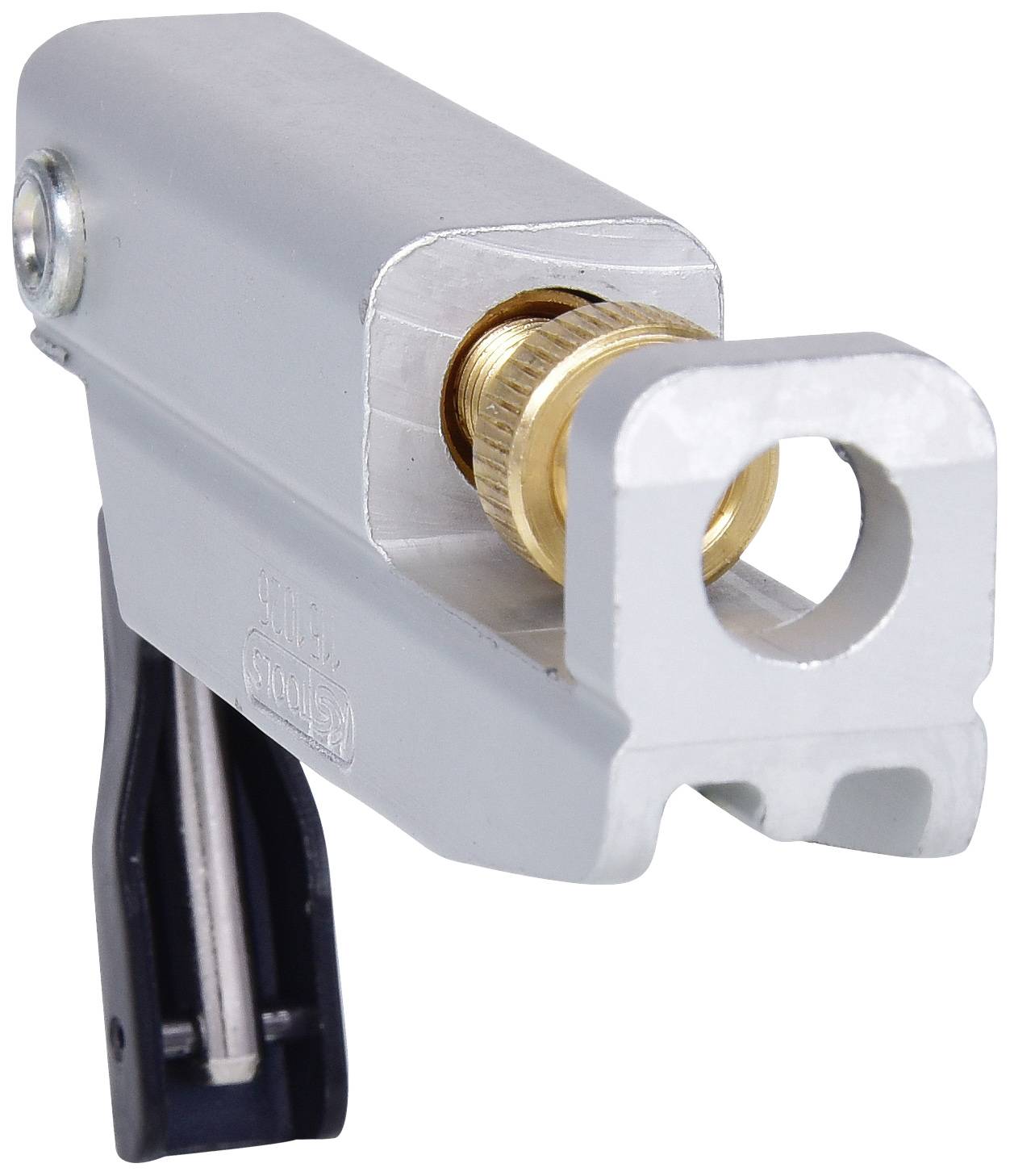 Ein silbernes Schloss mit einem messingfarbenen Zylinder und einem schwarzen Hebel unten. Es dient zur Sicherung von Gegenständen.