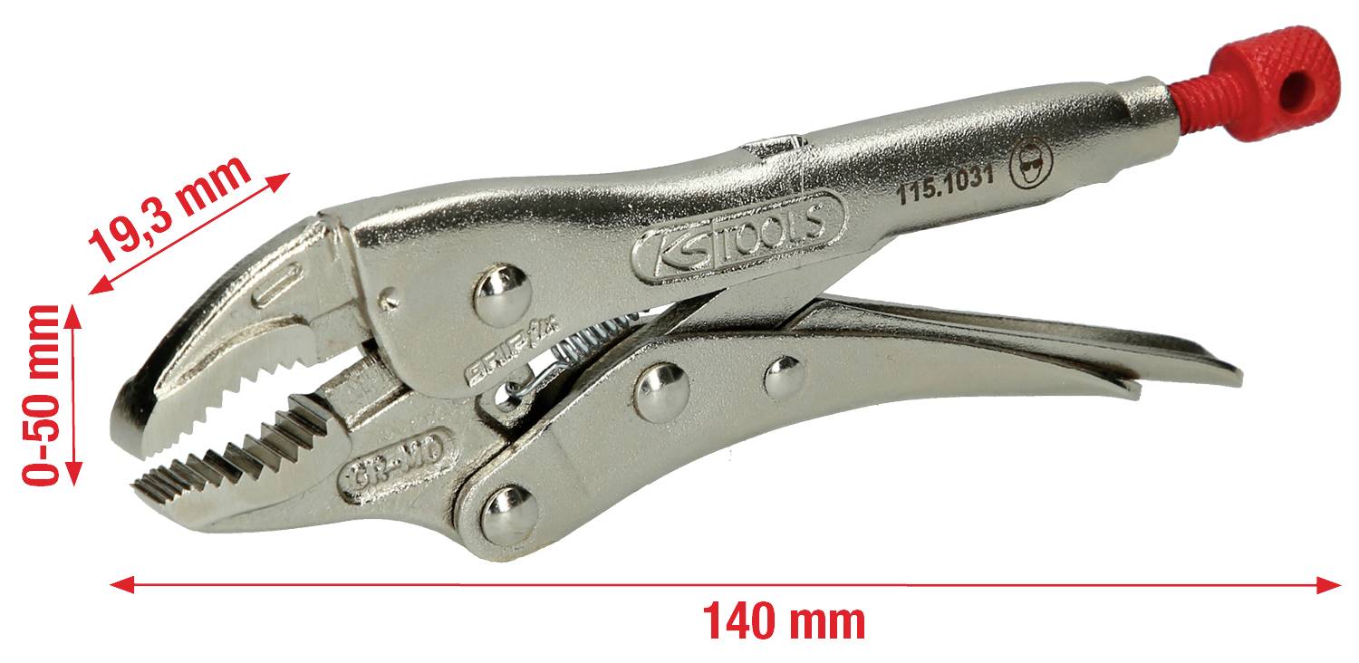 Grapezange aus Metall, Länge 140 mm, einstellbar für Spannweiten von 0-50 mm, mit Spannvorrichtung und Justierschraube.