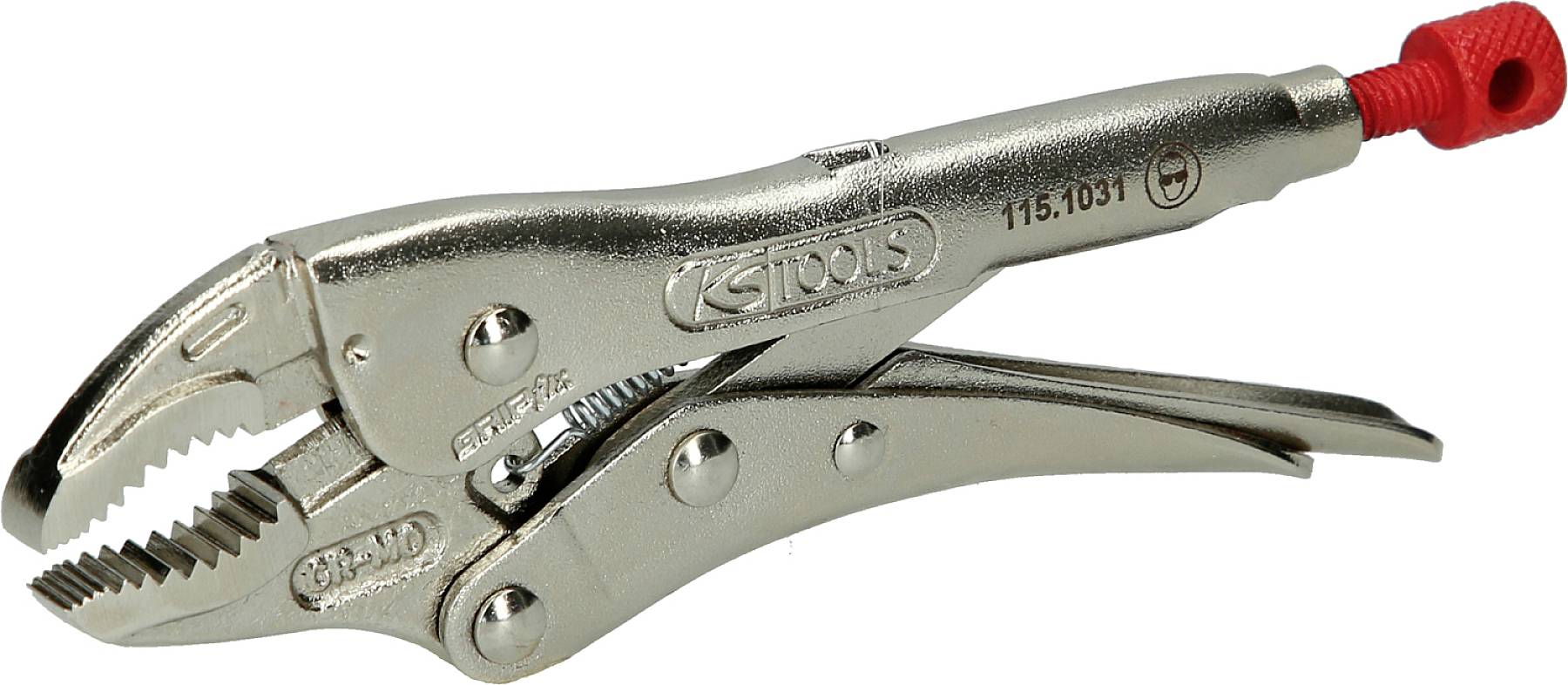 Metallene Feststellzange mit gezahnten Greifbacken und rotem Einstellschraubmechanismus, geeignet zum Fixieren von Werkstücken.