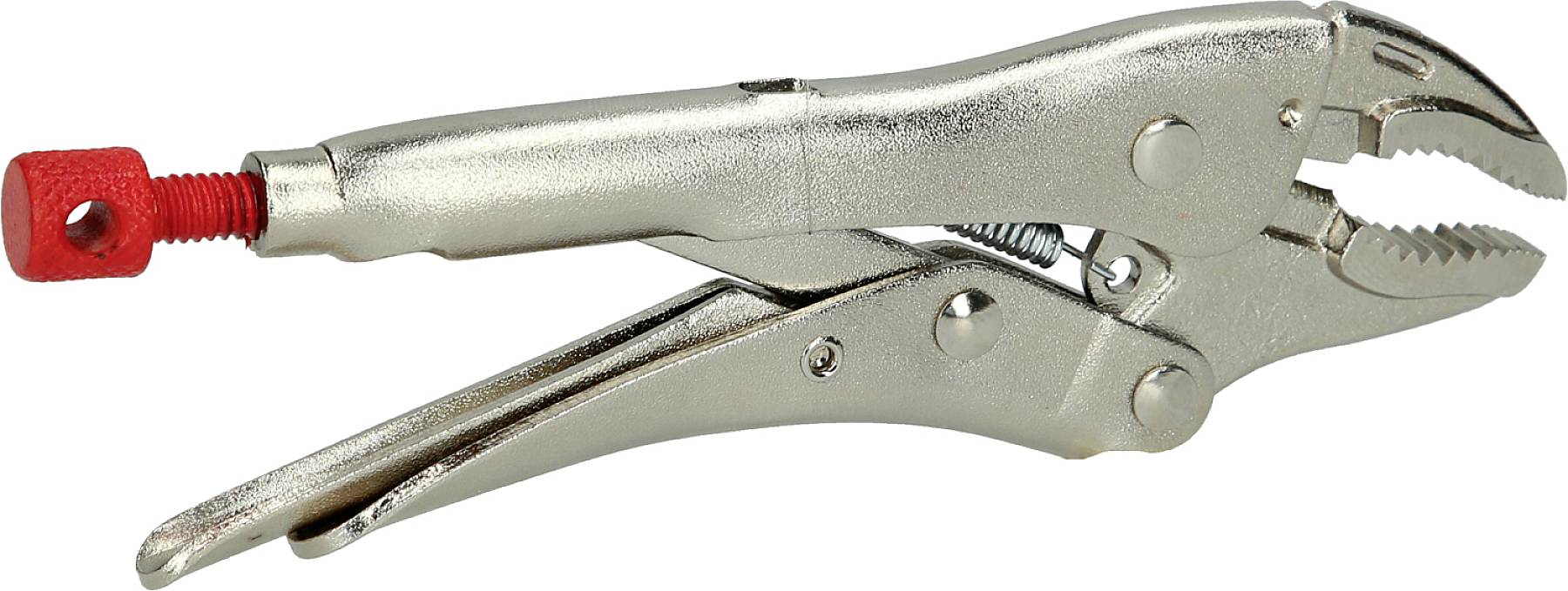 Metallische Feststellzange mit rotem Griffende, geöffnet gezeigt. Sie wird verwendet, um Gegenstände fest und sicher zu halten.