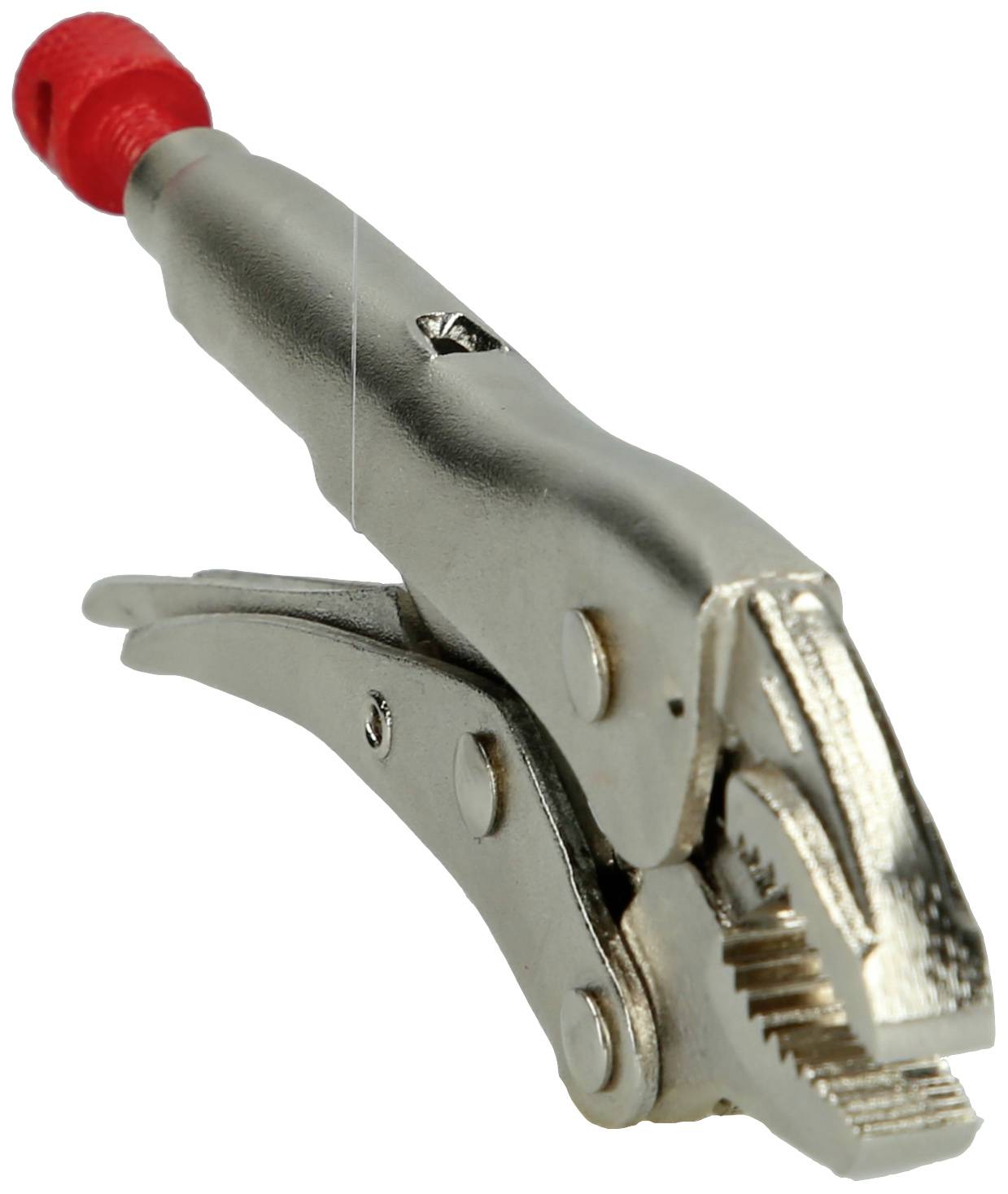 Silberne Klemmzange mit rotem Griff. Zange in geschlossenem Zustand, seitlich betrachtet.