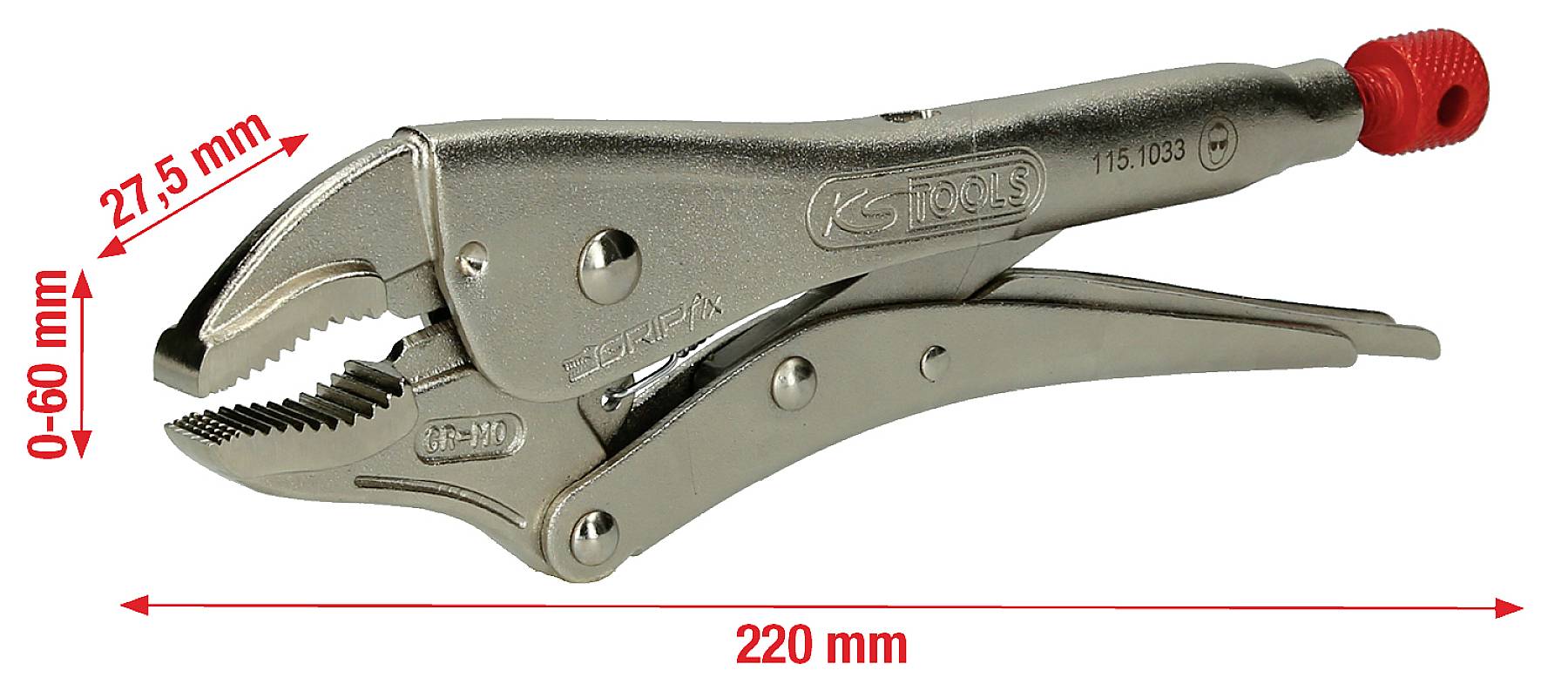 Metallzange mit roten Gummigriff und Maßangaben: Grifflänge 220 mm, Greifbereich 0-60 mm, maximale Öffnung 27.5 mm.