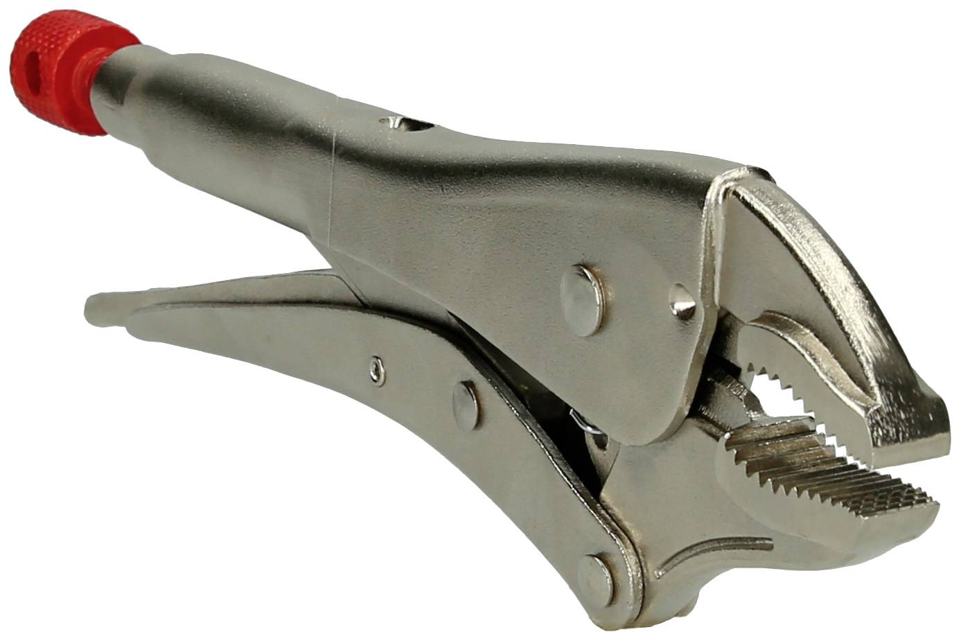 Metallische Verriegelungszange mit gezackten Backen und einem roten Griff. Sie dient zum Greifen und Festhalten von Objekten.