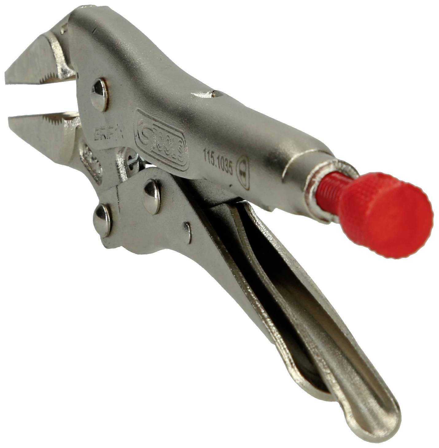 Eine silberne Klemmzange mit rotem Griff, geeignet zum Halten oder Fixieren von Objekten.