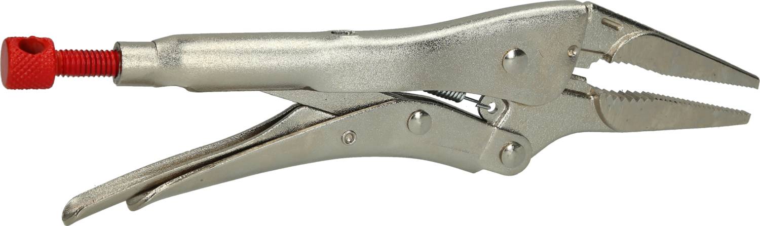 Metallische Greifzange mit rotem Einstellknopf und gezackten Greifbacken, geeignet für präzises Festhalten und Arbeiten an Objekten.