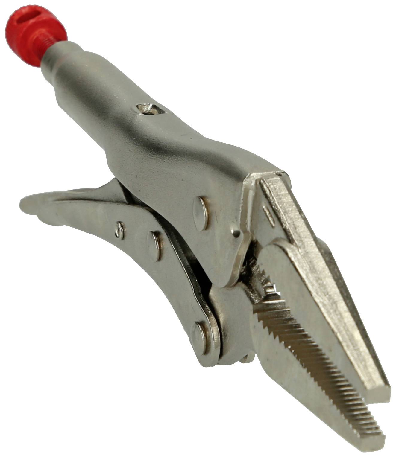 Eine metallische Feststellzange mit rotem Griff, offen, zeigt gezahnte Backen zum Greifen und Halten von Objekten.