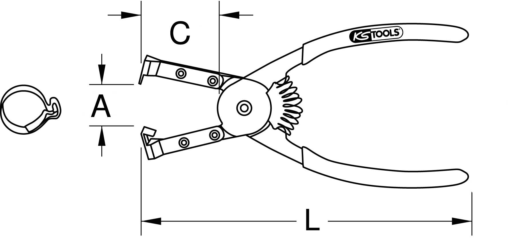Zeichnung einer Spezialzange mit Maßen: A, C und L. Zange ist links mit einem Klemmsymbol abgebildet, Marke 'KS Tools'.