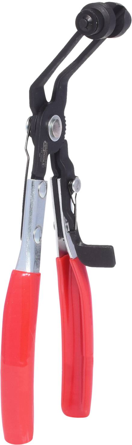 Eine rote und schwarze Zange mit Metallgriff, für spezifische mechanische oder handwerkliche Arbeiten, zeigt klare Funktionalität.