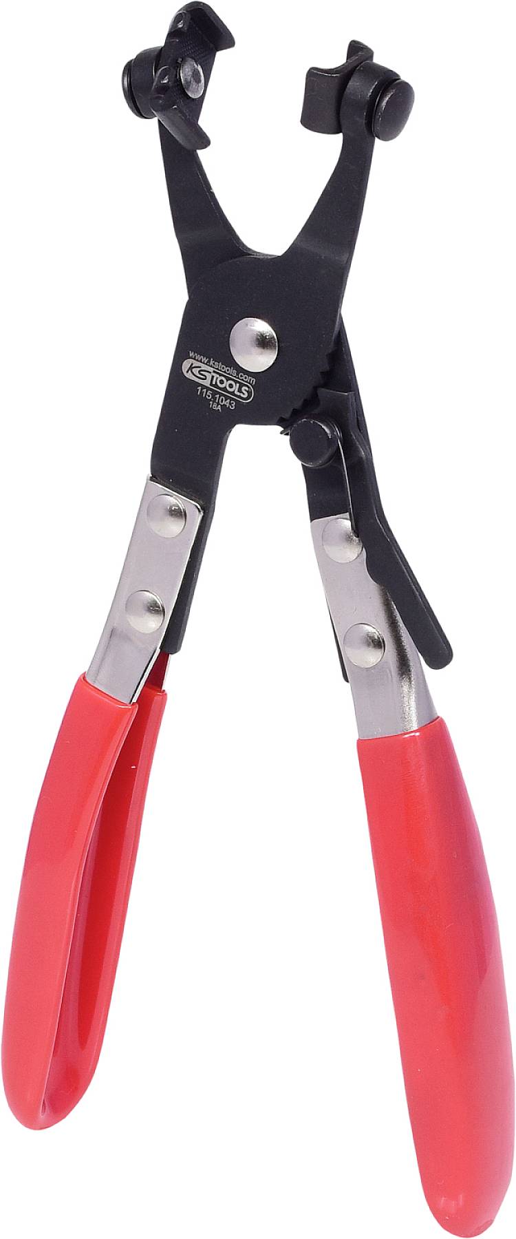 Eine rote Zange mit Metallgriffen, speziell für die Entfernung von Kfz-Federringen konzipiert.