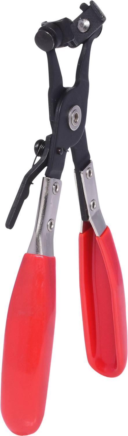 Rote Nietenzange aus Metall mit ergonomischen Griffen, zur Befestigung von Nieten in Materialien, seitlich betrachtet.