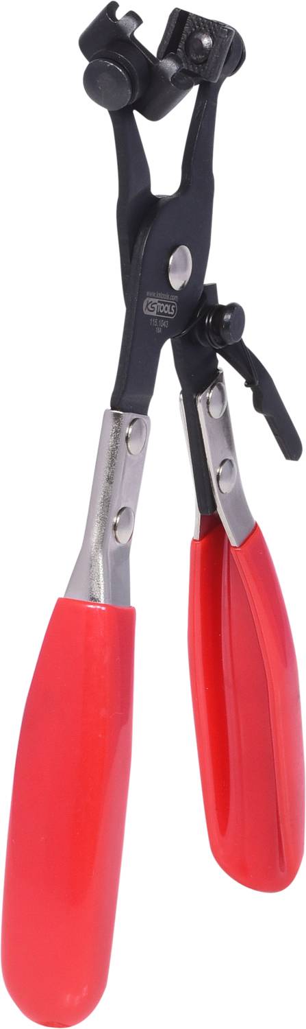 Rote Handzange mit schwarzen Greifmechanismen, geeignet für Feinarbeiten und präzises Greifen von kleinen Objekten.
