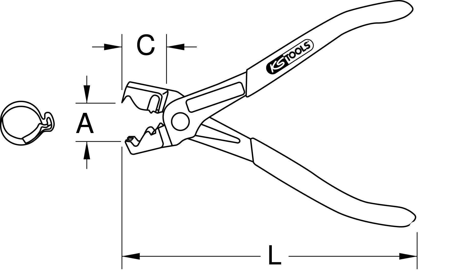 Zange zur Sicherungsringmontage von KS Tools, mit Maßangaben für A, C und L. Hauptfunktion ist das Öffnen und Schließen von Sicherungsringen.