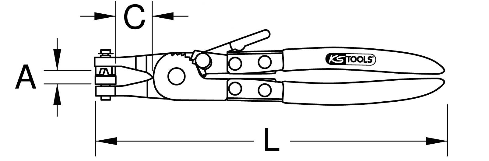 Zange mit Maßen 'A', 'C' und 'L' sowie dem Markennamen, zeigt Details und Funktion des Werkzeugs für mechanische Anwendungen.