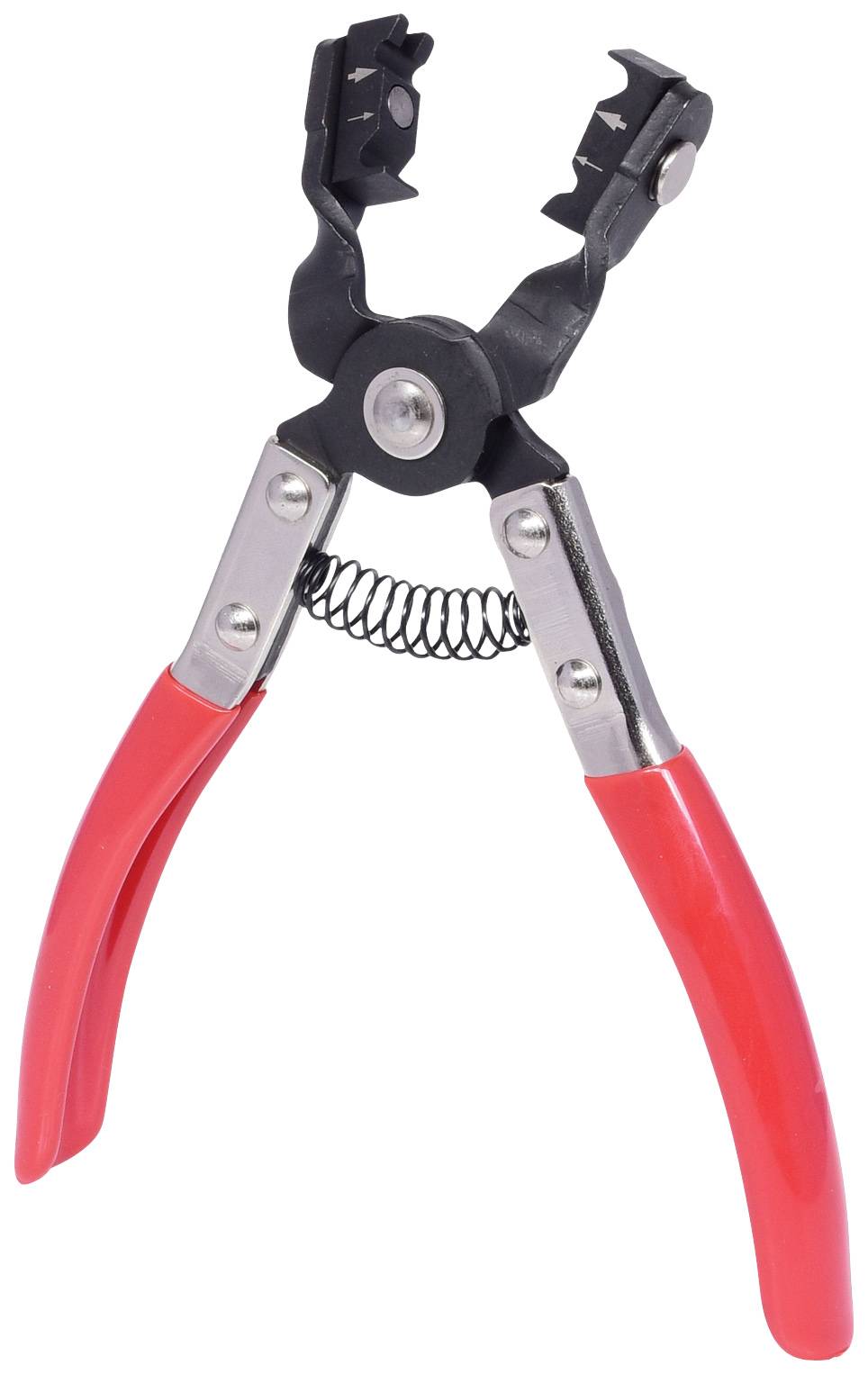 Rote Zange mit Federmechanismus zum Spleißen und Crimpen von Kabeln, aus schwarzem Metall mit silbernen Gelenken und Schrauben.