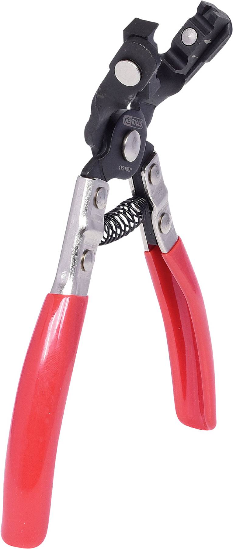 Rote Zange mit schwarzem Kopf und Federmechanismus, geeignet zum Schneiden oder Greifen von Materialien.