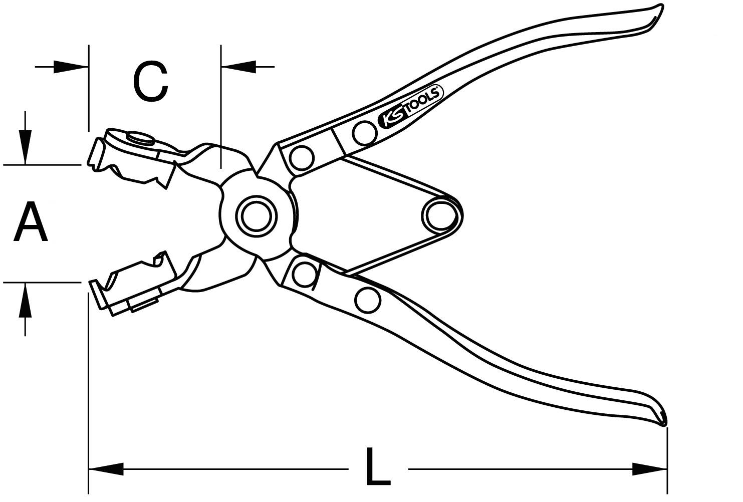 Illustration einer Zange mit Maßen A, C und L, markiert an den Griffen und Backen. KS Tools-Logo auf dem Griff sichtbar.
