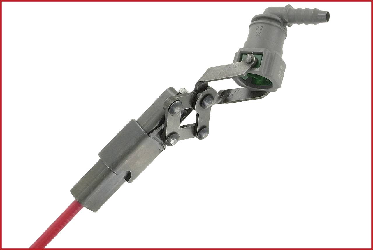 Ein metallisches Werkzeug mit Gelenkmechanismus, das auf einen roten Stab montiert ist. Verwendet für präzise mechanische Anwendungen.