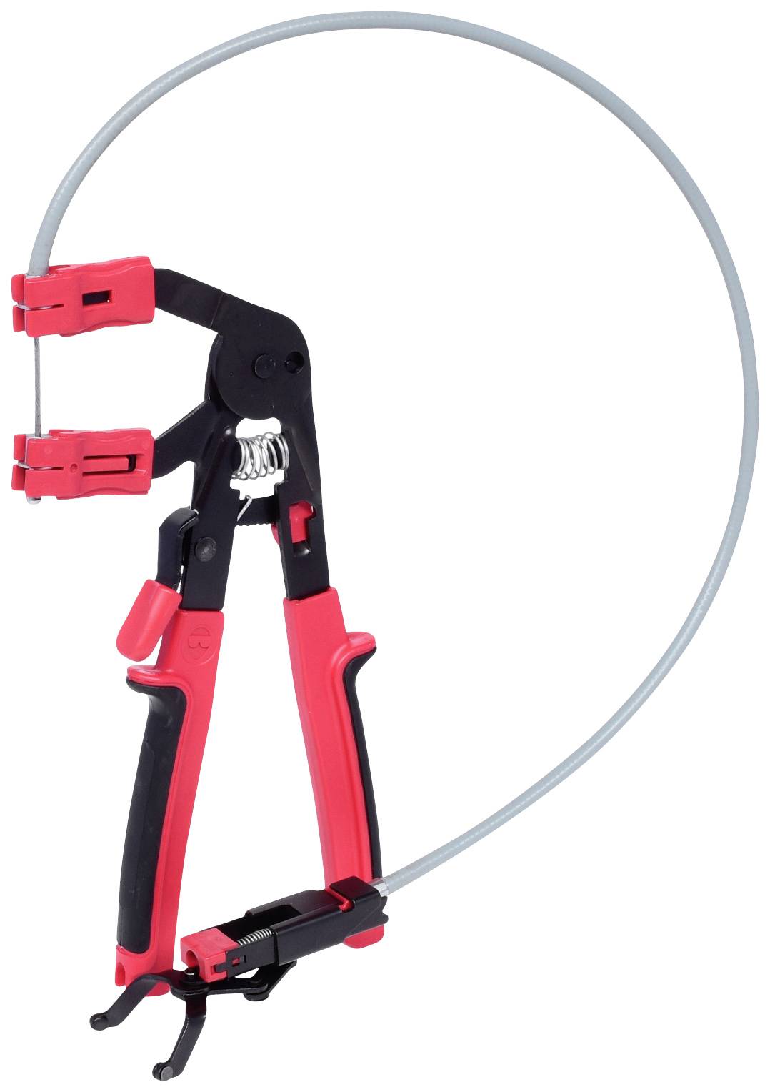 Eine rote Schlauchklemmenzange mit flexiblem Kabel zur Entfernung von Schlauchklemmen in schwer zugänglichen Bereichen.