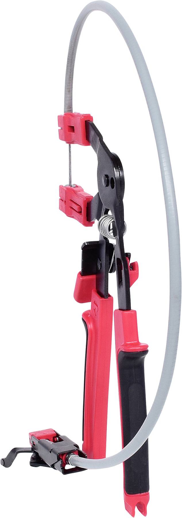 Eine große rote Zange mit einem grauen Klemmband, zum Spannen oder Halten von Materialien, vor weißem Hintergrund.