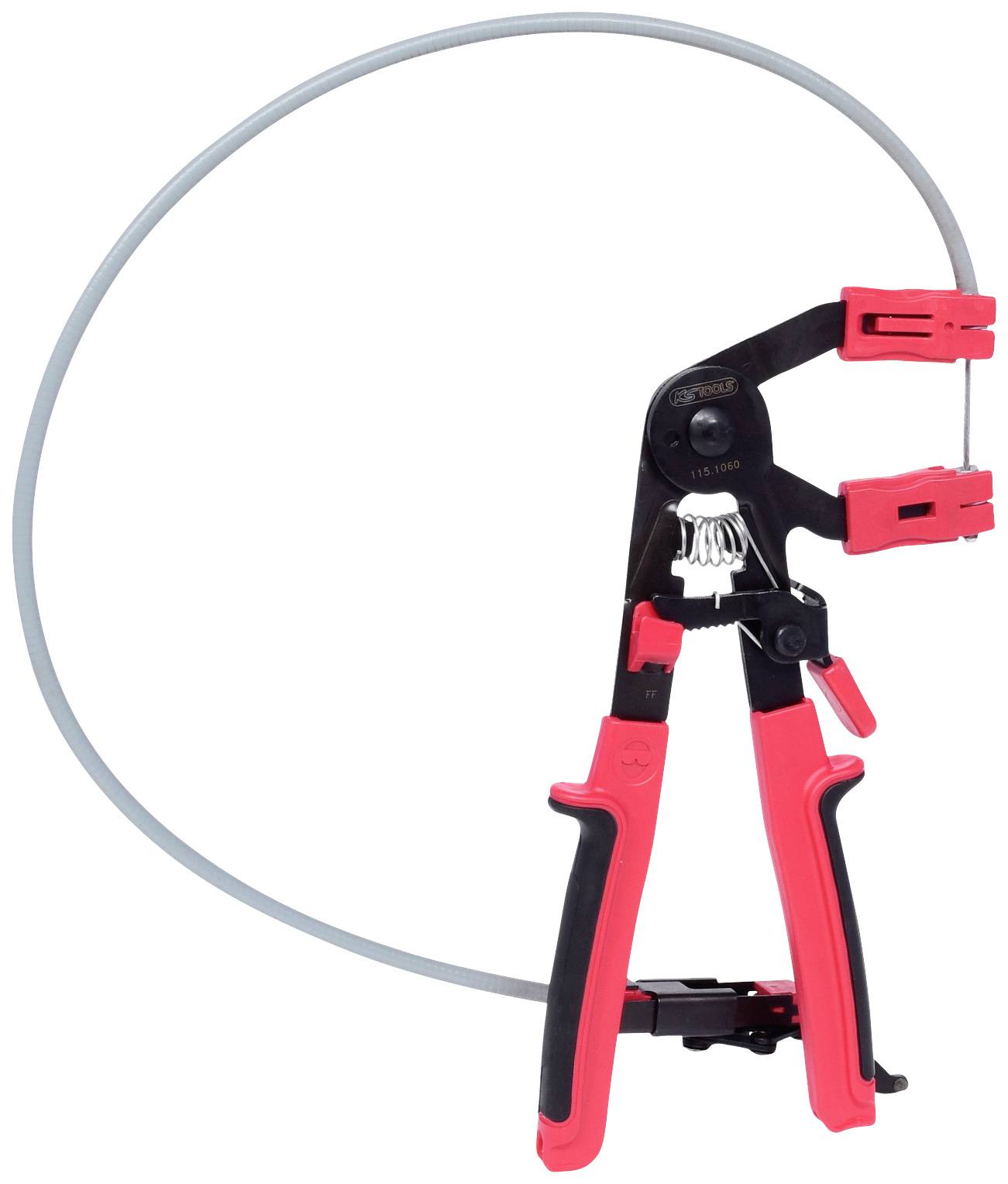 Ablasszangen, rote Griffe, mit flexiblem Kabel für schwer zugängliche Stellen, geeignet für Metall- oder Kunststoffschellen.