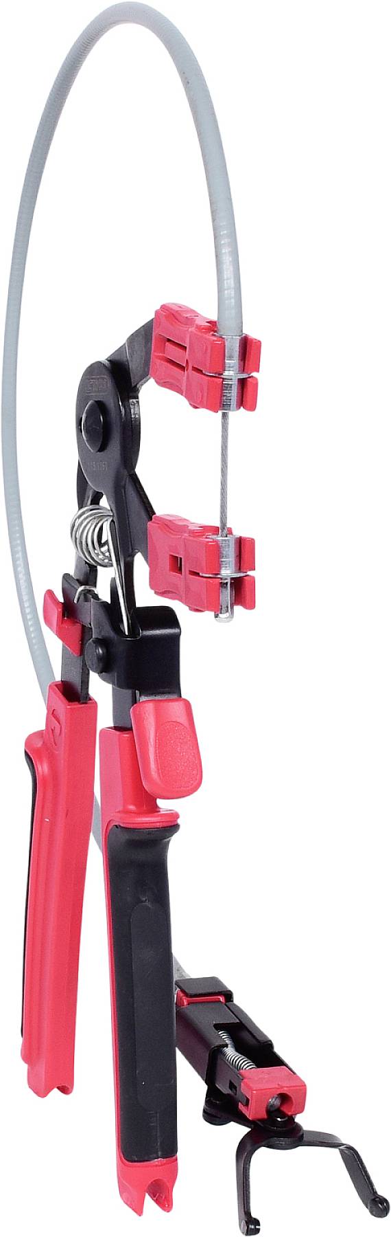 Handwerkzeug mit rotem Griff zum Halten und Klemmen von Schläuchen oder Kabeln, mit Hebelmechanismus und flexiblem Schlauchband.