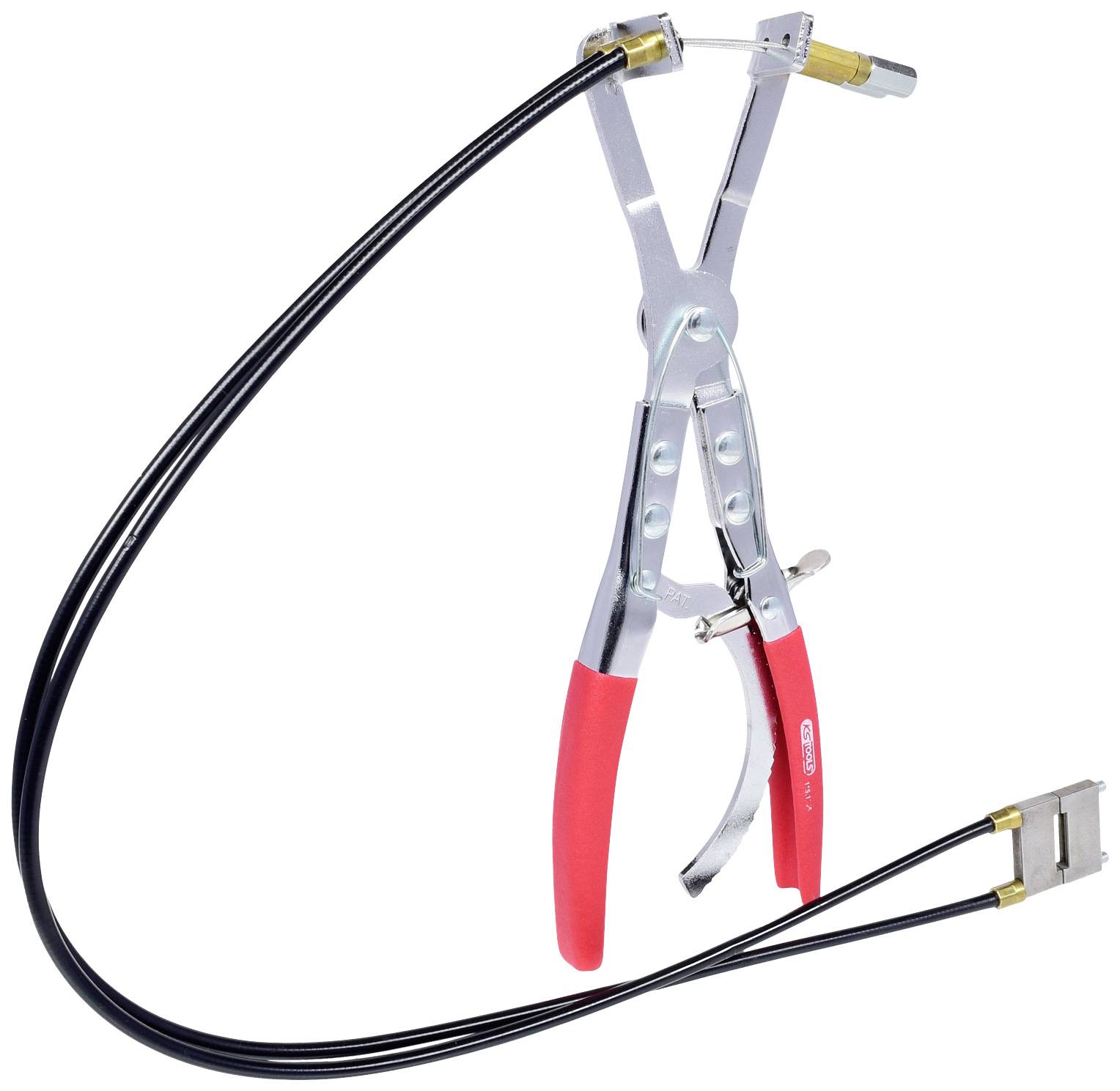 Spezialwerkzeug mit roten Griffen und langem flexiblem Kabel, verwendet für die Arretierung von Schlauchschellen in Kfz-Anwendungen.