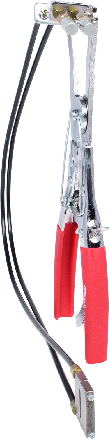 Eine Zange mit roten Griffen und langen Kabeln, die für das Schweißen verwendet wird.