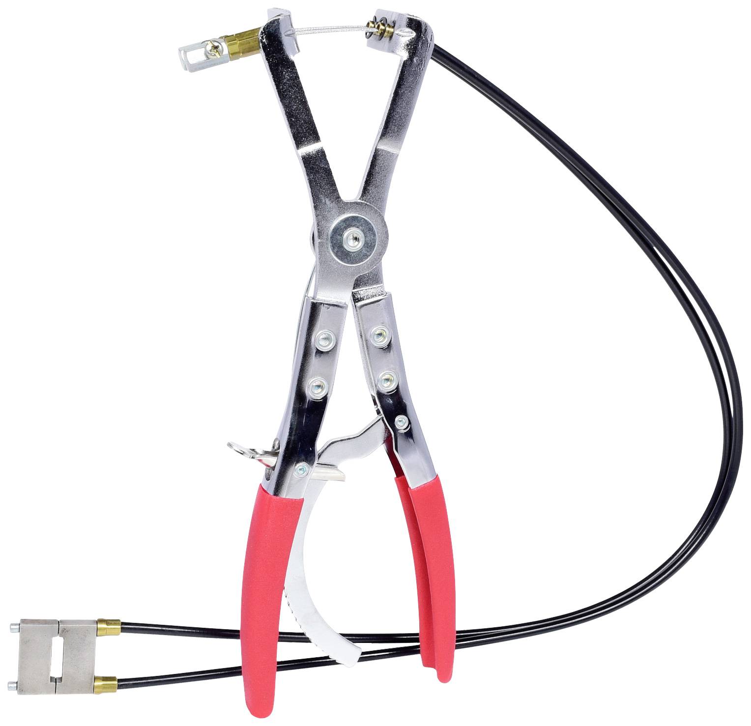 Silberne Zange mit roten Griffen und Kabeln, verwendet zur Kfz-Schlauchklemmung.