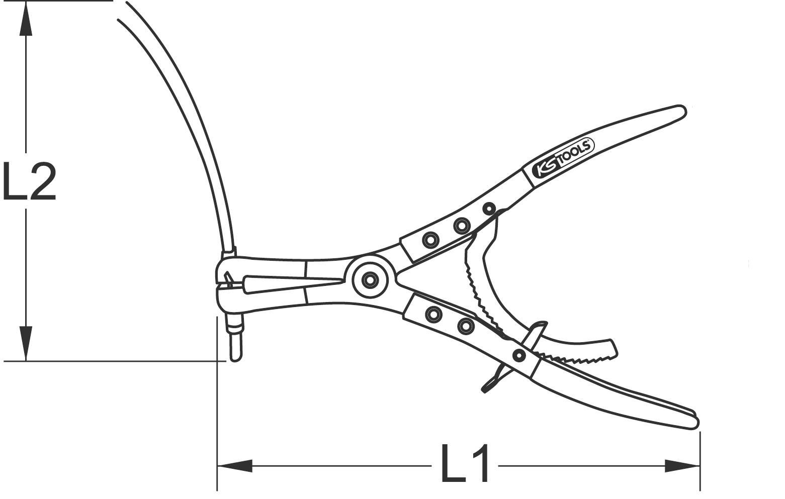 Technische Zeichnung einer Zange von KS Tools, mit den Abmessungen L1 und L2 zur Darstellung ihrer Größe.