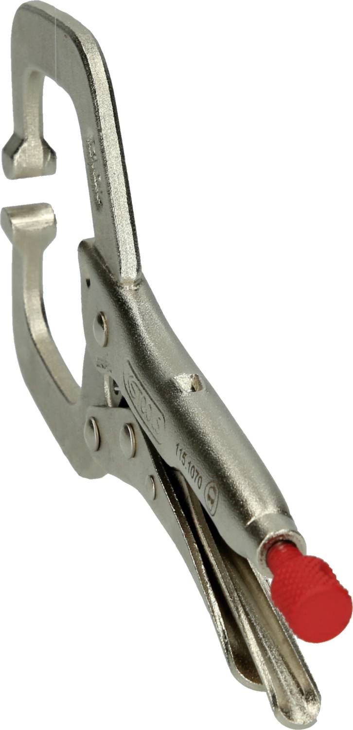 Eine Metallsperrzange mit rotem Griff. Ideal zum Greifen und Festhalten von Objekten.