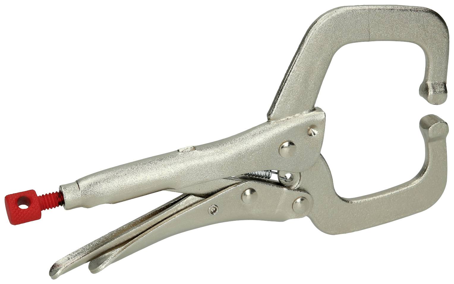 Metallzwinge mit rotem Endstück und gewölbten Griffen, verwendet zum Festhalten von Materialien.